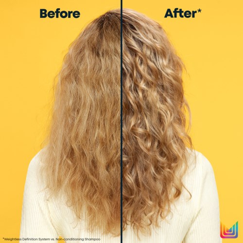 Das Bild zeigt Haare vor und nach der Verwendung eines Nicht-Conditioner-Shampoos, mit glatterem, lockigem Haar nach Behandlung.