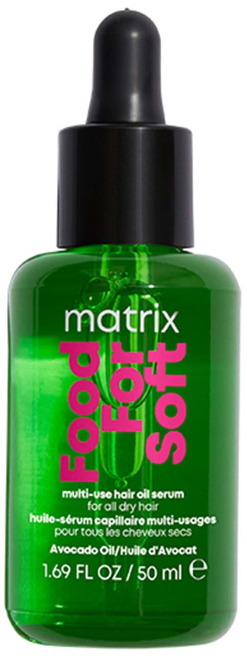 Grüne Flasche Haaröl mit schwarzen Tropfverschluss. Beschriftung: 'matrix' und 'food for soft'.