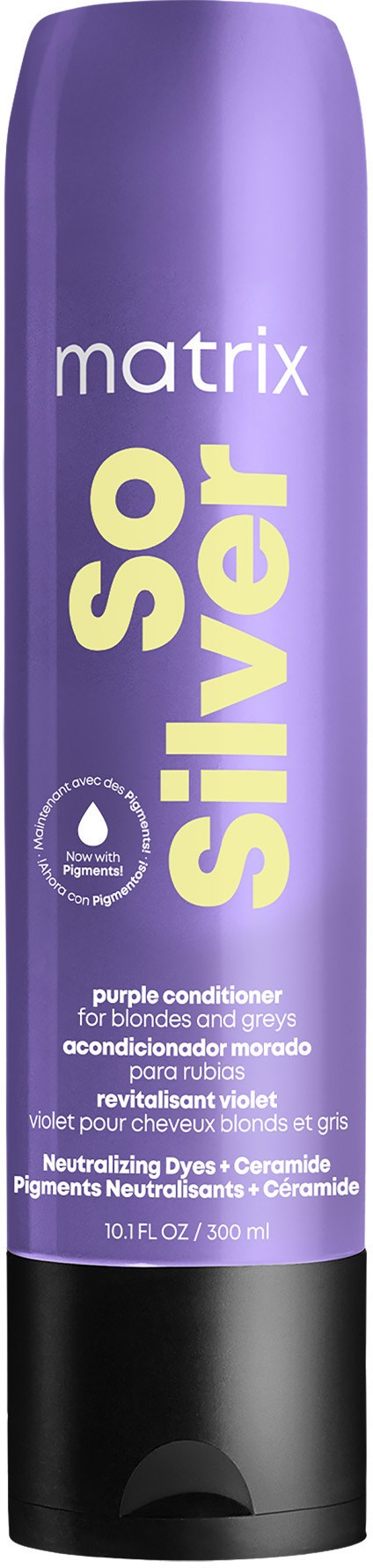 Eine lilafarbene Flasche Matrix So Silver Conditioner für blondes und graues Haar mit schwarzem Deckel und Produktinformationen.