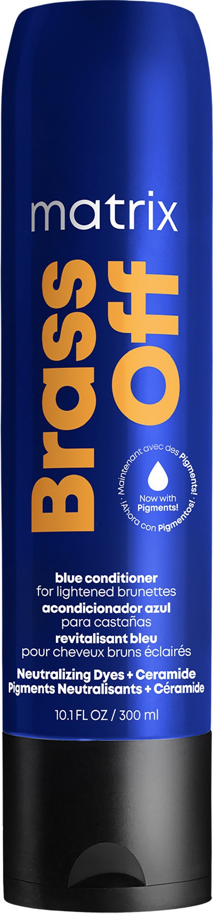 Eine blaue Dose mit Matrix Brass Off Haarconditioner mit weißen und gelben Text.