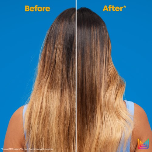 Seitenansicht zeigt Haare vor und nach Behandlung, mit glänzender, glatter und heller Haar auf der rechten Seite.