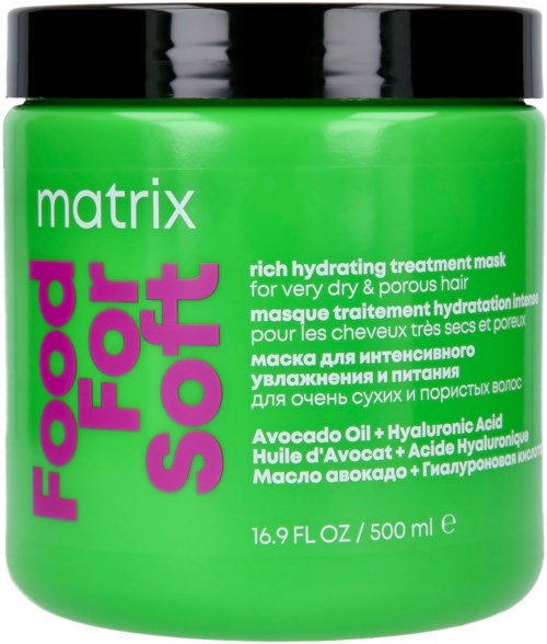 Green jar of hair mask labeled 'Matrix Food for Soft.' Contains avocado oil and hyaluronic acid for dry, porous hair.