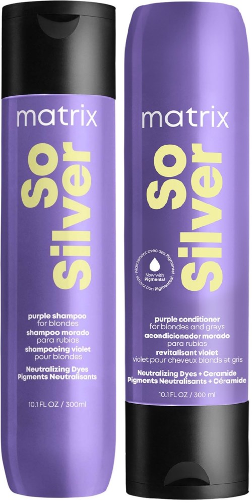 Zwei lila Haarpflegeflaschen mit 'Matrix So Silver' für Blondine, eine ist Shampoo, die andere Spülung.