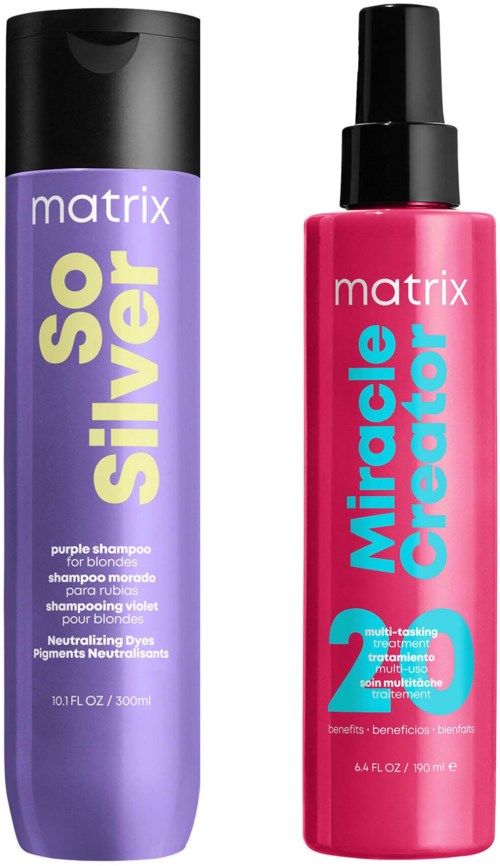 Zwei Haarpflegeflaschen: eine lila Shampoo für Blondinen, ein rosa Allzweckspray. Beide Marken heißen 'matrix' und 'so silver' oder 'miracle'.