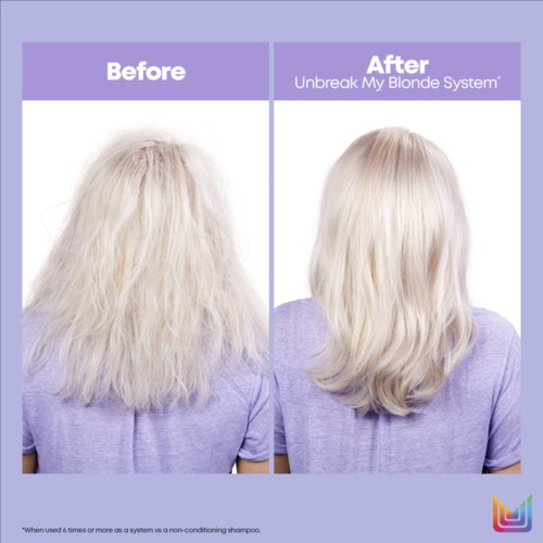 Vorher- und Nachbilder zeigen eine Haartransformation von lockig zu glatt und glänzend mit einem Haarsystem.