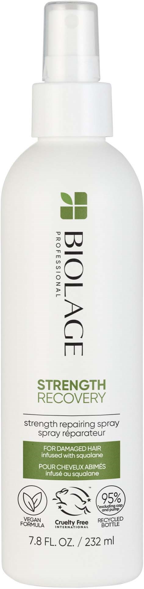 Eine weiße Sprühflasche mit der Aufschrift 'Biolage', für geschädigtes Haar, enthält 7,8 fl oz Stärkungs-Spray.