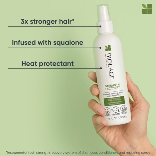Biolage-Shampoo-Flasche mit Text, der Vorteile für starkes Haar hervorhebt, mit Squalan infundiert, Hitzeschutz und 3x stärkeres Haar.