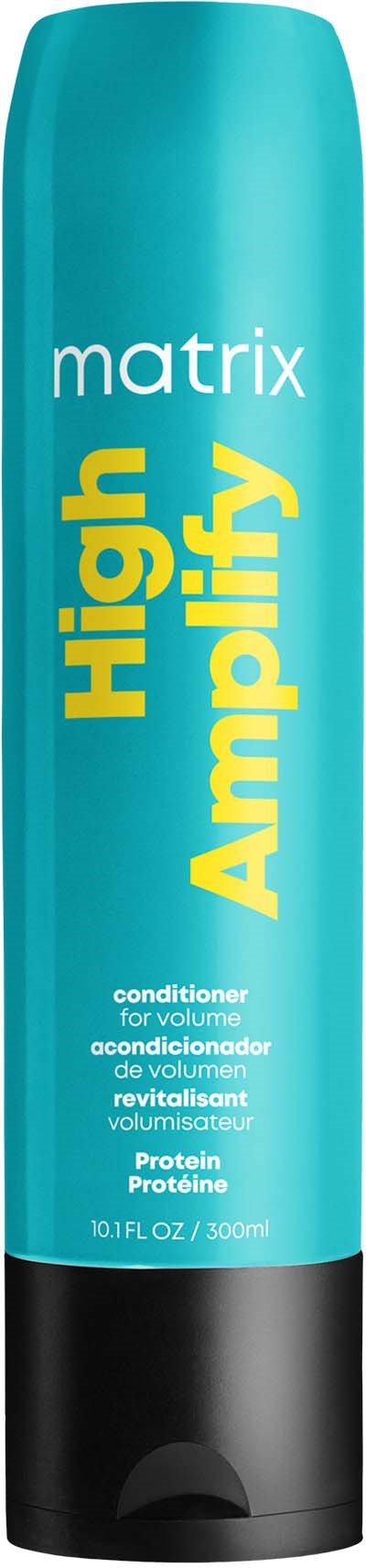 Eine türkisfarbene Flasche mit gelbem Text: 'High Amplify' von Matrix, Volumen-Conditioner, 10,1 fl oz.
