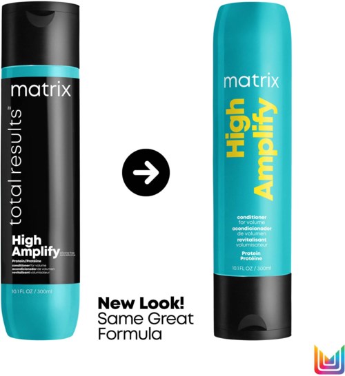 Zwei Flaschen Haarpflegeprodukt zeigen ein Designwechsel. Die neue Flasche ist blau mit gelbem Text. Labels sagen 'High Amplify.'