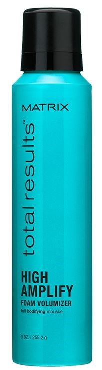 Blaue zylindrische Dose mit schwarzem Deckel. Beschriftung: 'Matrix Total Results High Amplify Foam Volumizer.'