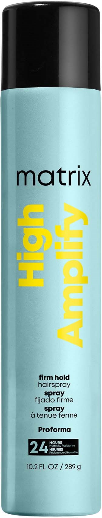 Eine lange, hellblaue Sprühdose mit schwarzem Deckel, gekennzeichnet "High Amplify" für Haarstyling.