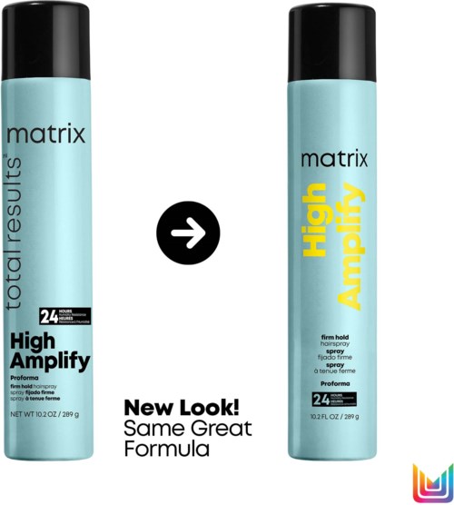 Zwei Haarsprayflaschen, eine mit "total results" und die andere mit "High Amplify," ähnlich im Design, unterschiedliche Labels.