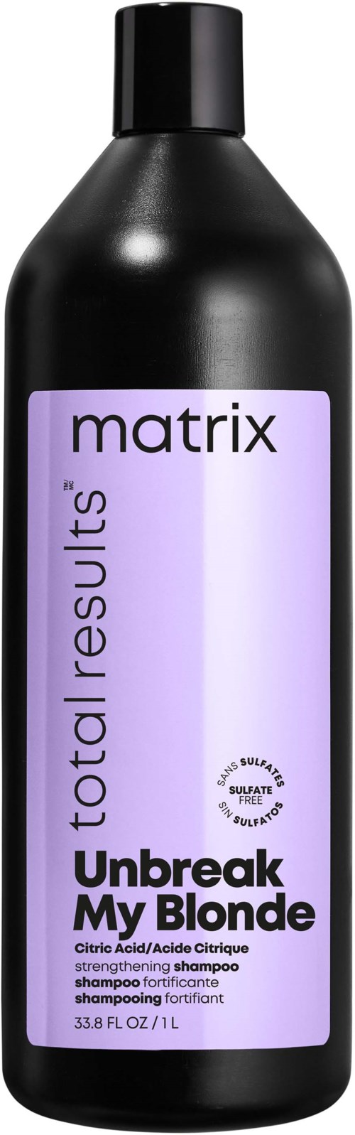En svart flaska schampo med en lila etikett, med titeln 'Unbreak My Blonde,' från märket 'matrix' för blont hår.