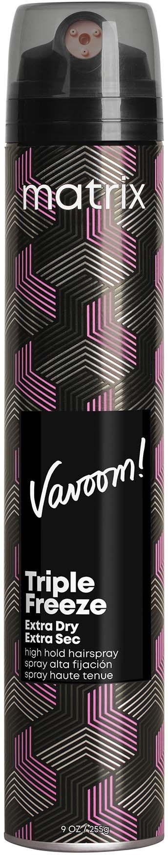 Eine lange, schwarze Sprühdose mit einem Muster aus pinken, weißen und grauen Hexagonen. Das Etikett trägt die Wörter "Varnoum!" und "Triple Freeze."