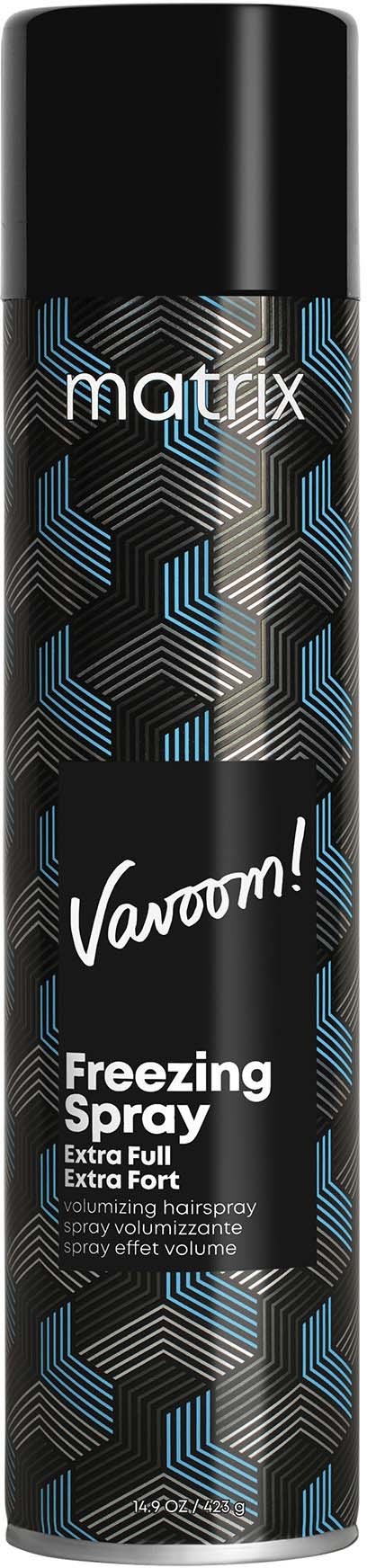 Eine hohe schwarze Dose mit blauen und grauen Hexagonmustern, beschriftet als Matrix Vanorm! freezing spray für Haare.