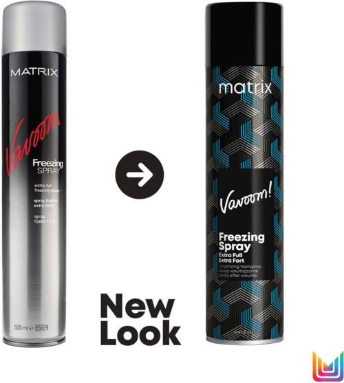 Hitzespraydose mit neuem Design, schwarz mit blauen geometrischen Mustern, gekennzeichnet "Vaoom!" von Matrix.