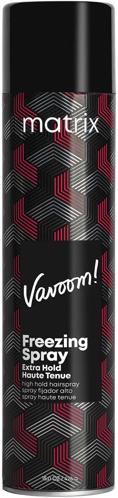 Eine schwarze Sprühdose mit roten, weißen und grauen geometrischen Mustern, beschriftet als 'Vauorm! Freezing Spray' von Matrix für Haare.