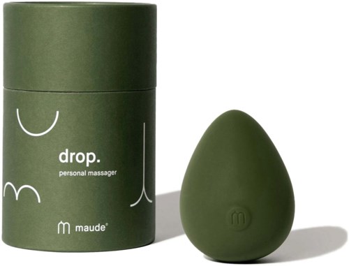 Ein grüner Behälter und eine grüne tropfenförmige persönliche Massage mit Logo, beschriftet 'drop' und 'maude'.