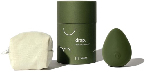 Ein grüner persönlicher Masseur in Tränenform mit einem kleinen Beutel und einem zylindrischen Behälter.