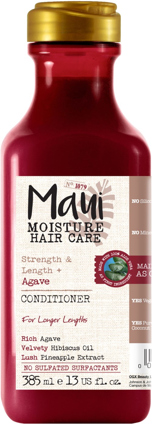 Een rode fles Maui Moisture Haarverzorging conditioner met gouden dop, etiket vermeldt agave en hibiscus, voor langer haar.