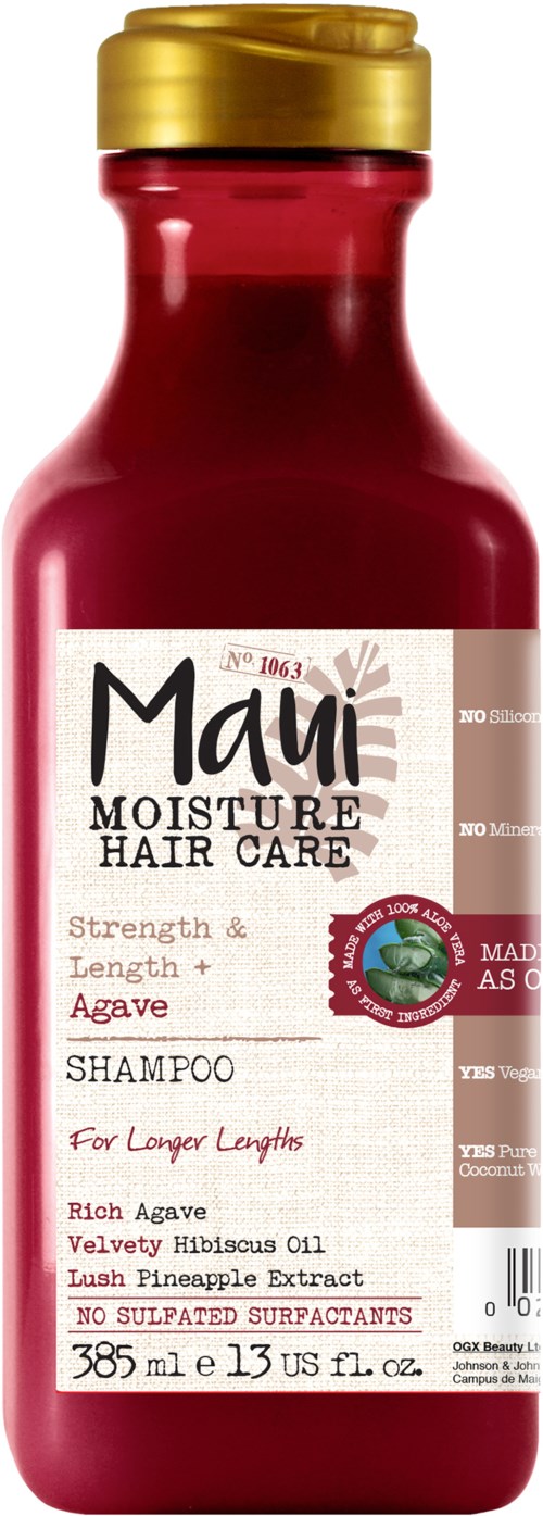 Rode fles met gouden deksel, label Maui Moisture Hair Care Shampoo met agave en ananas extract, voor langer haar.
