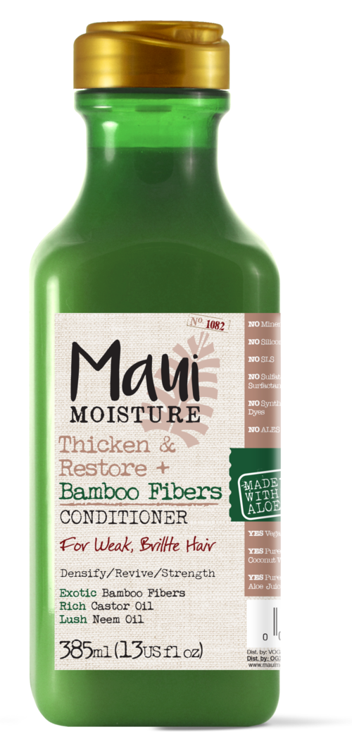 Groene fles Maui Moisture conditioner met witte label, gouden dop en natuurlijke productbeschrijvingen.