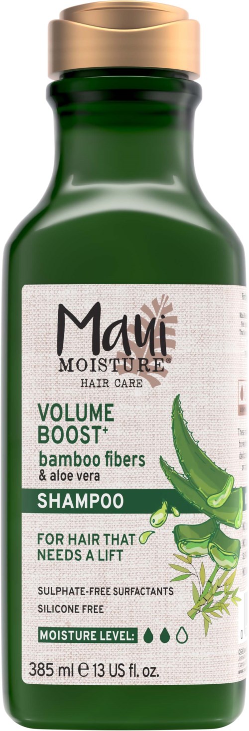 Groene shampoofles met beige dop, label toont aloë vera en bamboevezels, vochtgehalte, volumeverhoging en haarverzorgingsdetails.