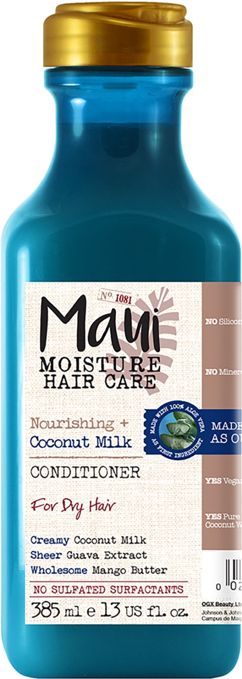 Een blauwe fles met een gouden dop, labelt als Maui Moisture Hair Care voedende kokosmelk conditioner voor droog haar.