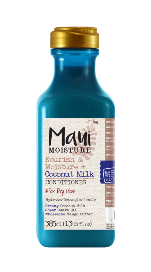 Blauwe fles met een gouden dop, met label Maui kokosmelk conditionerende voor droog haar met mango boter.