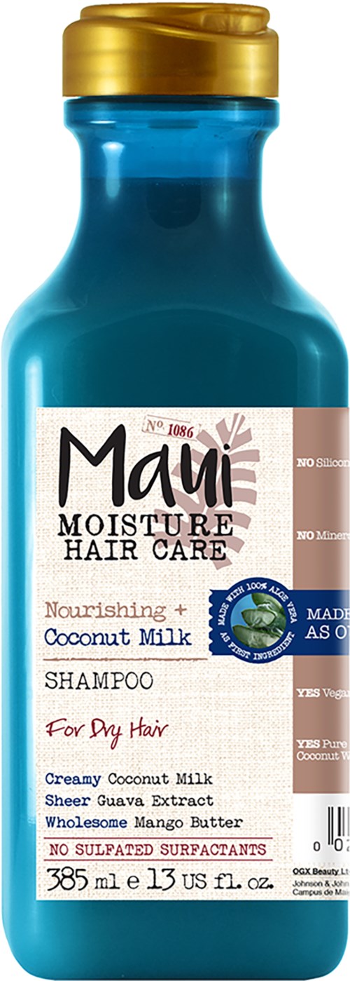 Blauwe fles met Maui Moisture Hair Care shampoo, met een gouden deksel en etiket met kokosmelk en mango.