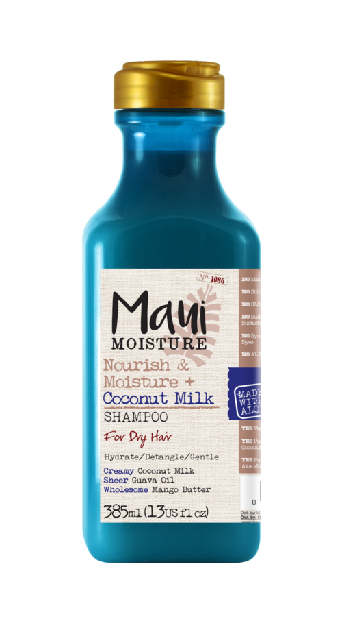 Blauwe fles met Maui Moisture shampoo met gouden dop en witte label, met kokosmelk en mango.