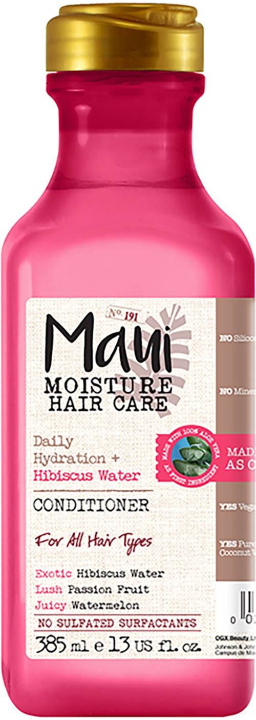 Roze flesje Maui Moisture Haarverzorging conditioner, bevat hibiscuswater, voor alle haartypes, met fruitextracten.