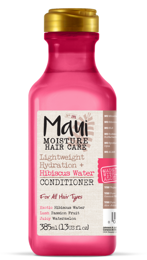 Roze fles met een gouden dop bevat Maui haarconditioner met hibiscusbloesem en watermeloen geur.