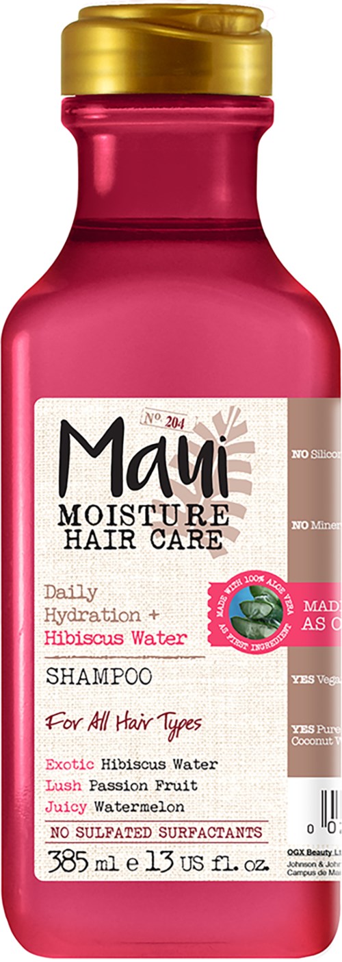 Roze fles van Maui Moisture Haarverzorgingsshampoo met gouden dop, noemt hibiscushout en watermeloen, geschikt voor alle haartypes.