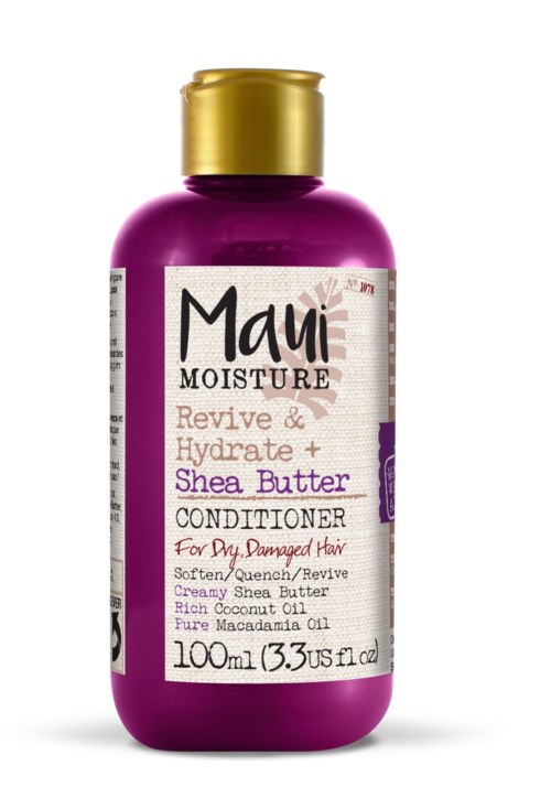 Paars flesje Maui Moisture conditioner met gouden dop, bevordert vocht en herstelt beschadigd haar.