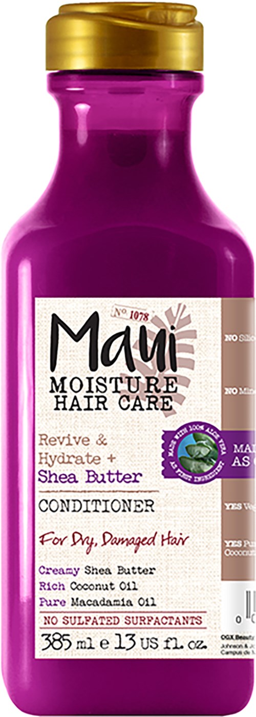Paars flesje Maui Moisture haarconditioner met gouden deksel, voor droog, beschadigd haar, bevat sheaboter en kokosolie.