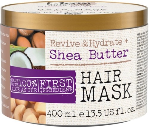 Een pot Revive & Hydrate Shea Butter Hair Mask met afbeeldingen van sheanoten en kokos en paarse en gouden accenten.