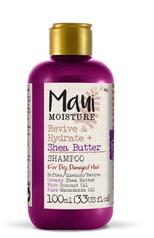 Paars shampooflesje met goudkapsel, gelabeld voor beschadigd haar, bevat sheaboter, kokos en macadamia oliën.