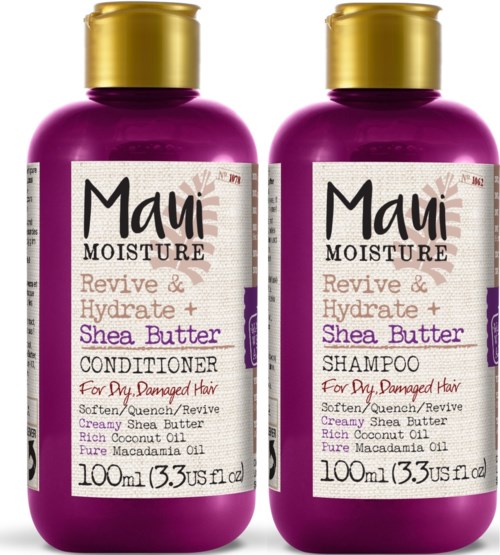Twee paarse flessen Maui Moisture haarverzorgingsproducten, conditioner en shampoo, met gouden doppen en labelgegevens.