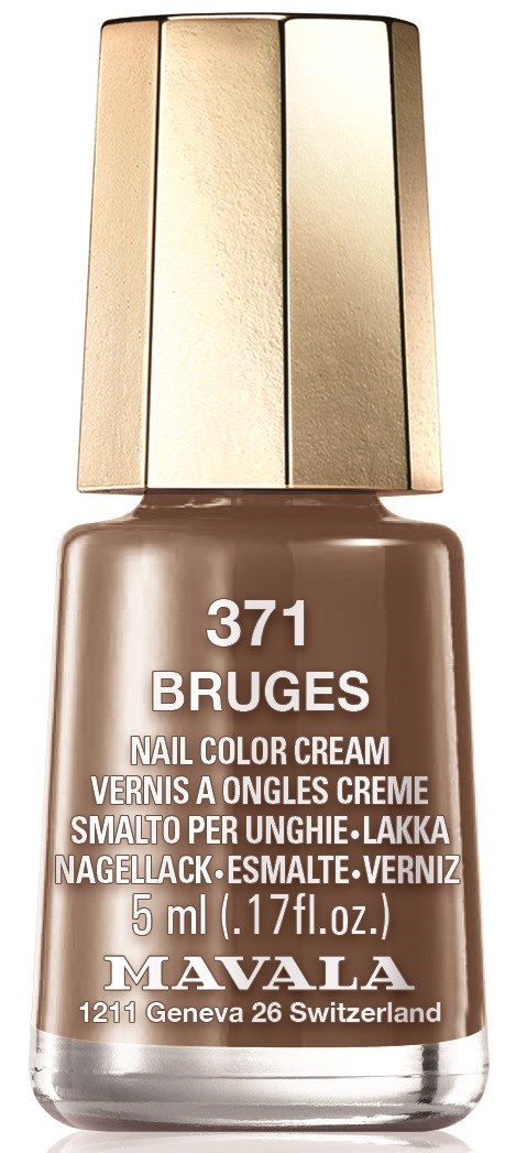 Kleine Flasche beige Nagellack mit goldenem Deckel, beschriftet 'BRUGES' und 'MAVALA' aus der Schweiz.