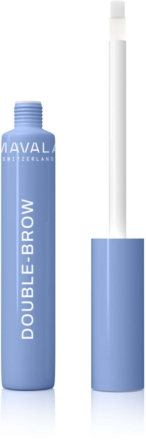 En blå mascara-rör med en vit borste som visar, märkt 'Double-Brow'.