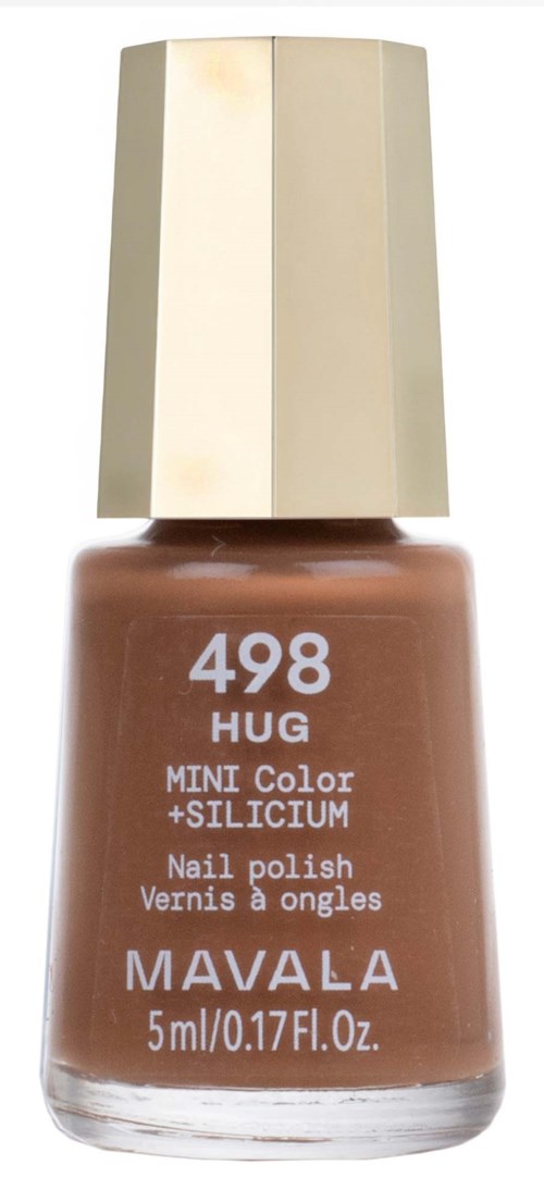 Pieni pullo ruskeaa kynsilakkaa, beige korkki, merkki 498 HUG, Mavala, 5 ml.