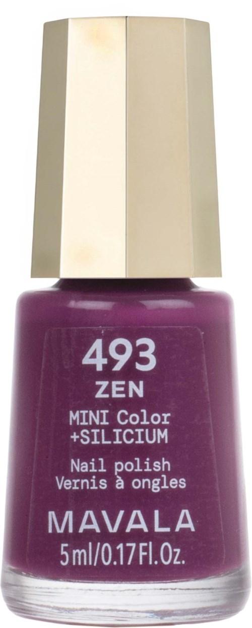 Pieni purkki violettia kynsilakkaa, merkinnällä 493 ZEN MINICOLOR ja kultainen korkki.