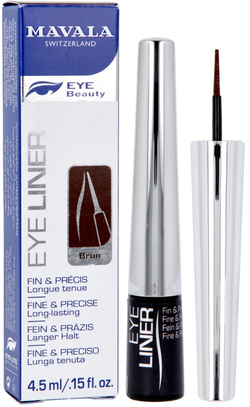 Eyeliner mit silberner Kappe, schwarzer Körper und Seitbürste. Verpackung zeigt Marke und Produktinformationen.