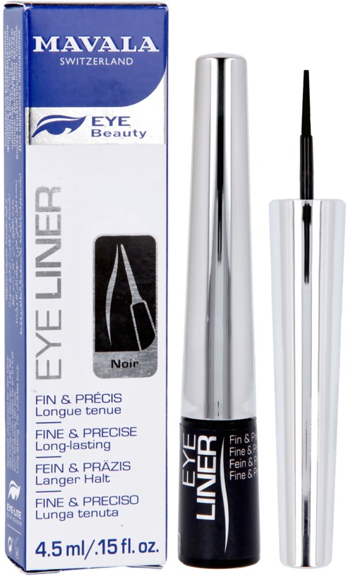 Eine Box und eine Tube mit schwarzem Eyeliner-Schminkwerkzeug mit silberner Kappe.
