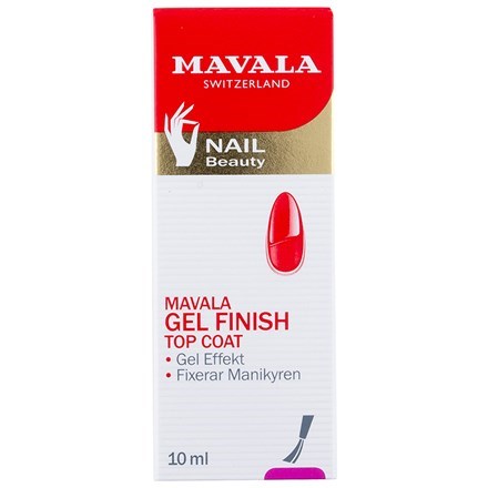 A red and white box showing a nail gel finish product with a nail image and text in different languages.