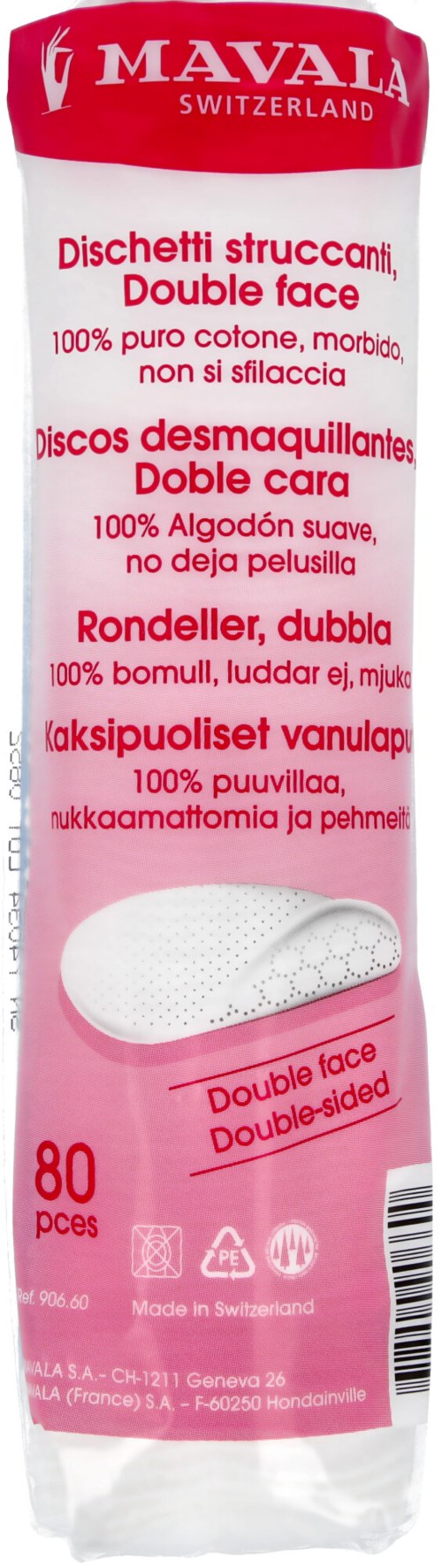 Eine rosa Packung mit 80 Mavala Doppelgesicht-Wattestäbchen, weich und sanft, hergestellt in der Schweiz für das Gesicht.