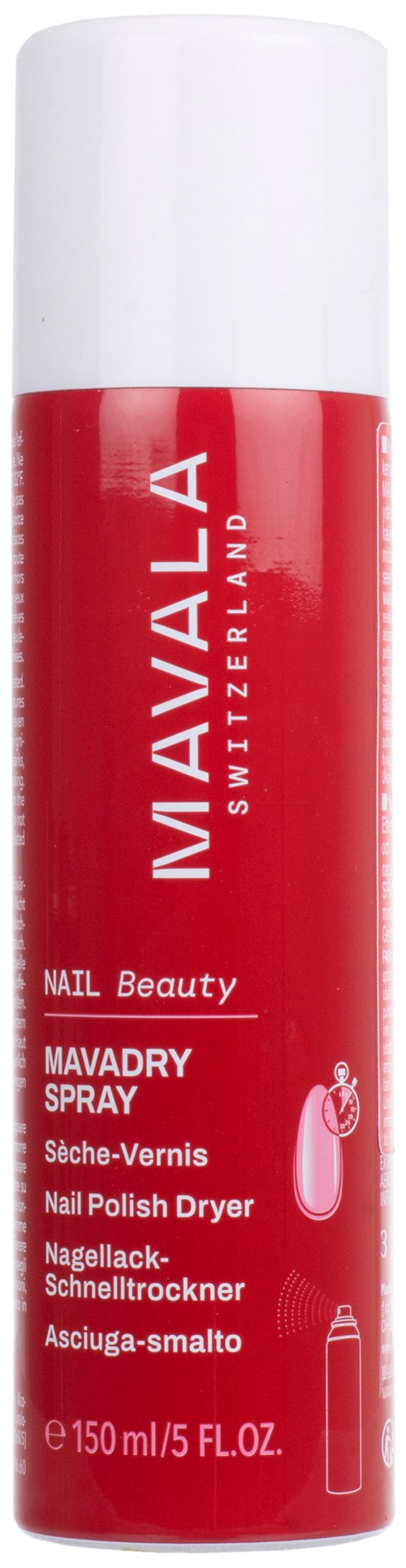 Roter Nagellack-Spray mit weißer Kappe, Marke Maivala, für schnelles Trocknen, aus der Schweiz.