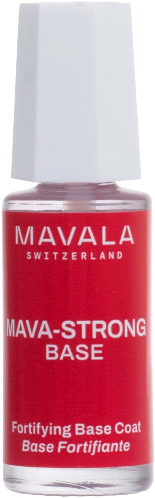 Punainen pullo, jossa valkoinen korkki ja etiketti MAVA-STRONG BASE, vahvistava aluslakka Mavala Sveitsistä.