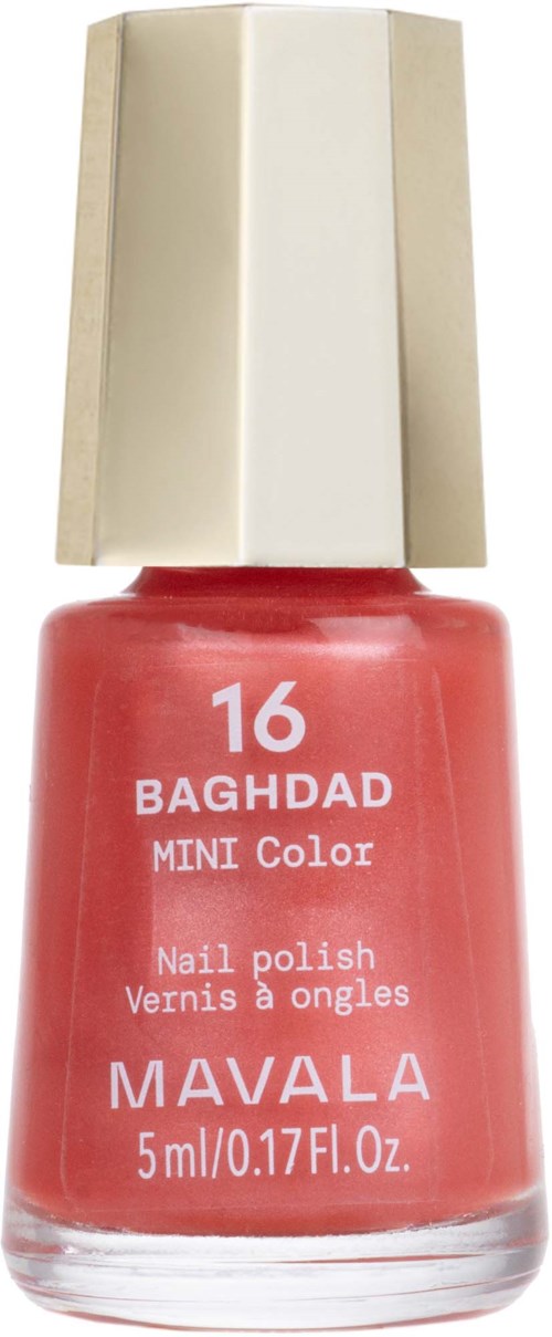 Kleine Flasche mit coralrosa Nagellack und cremefarbenem Deckel. Beschriftet mit Nummer 16 und Baghdad.